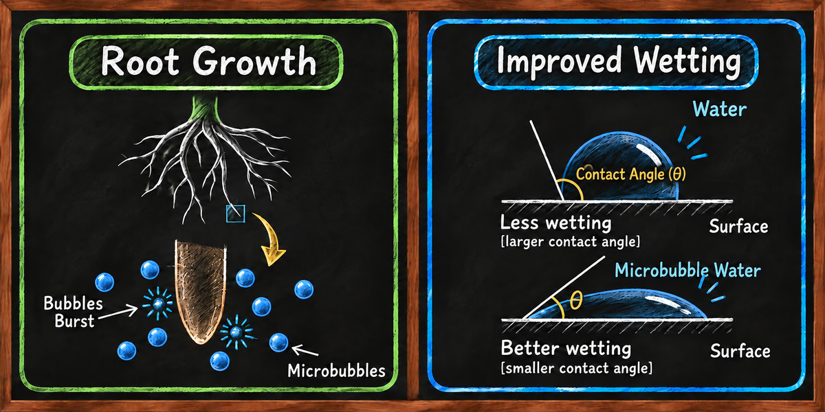 Manufacturer illustration of microbubble-water wetting and root growth concepts in English