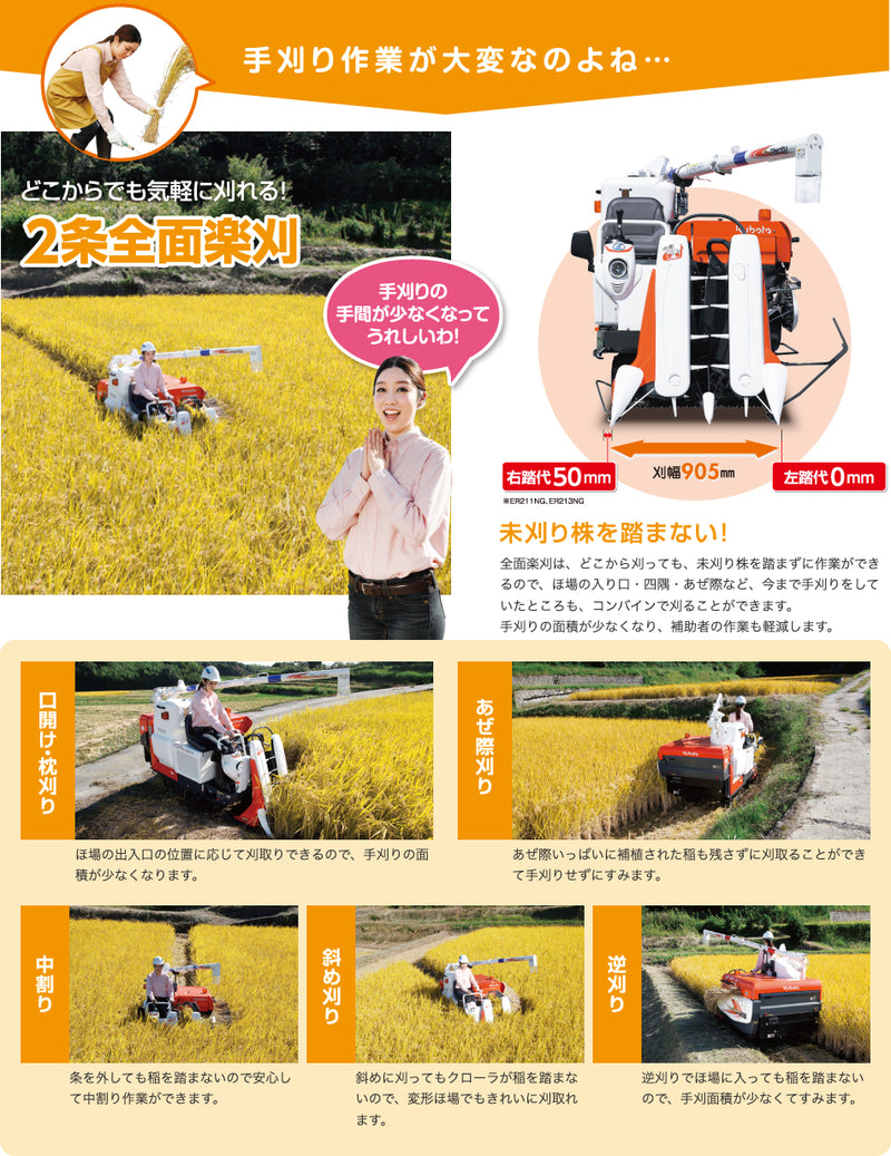 Kubota 2 rows 10.5ps Mini Harvester ER211NG w/i Grain Tank 270L and Auger